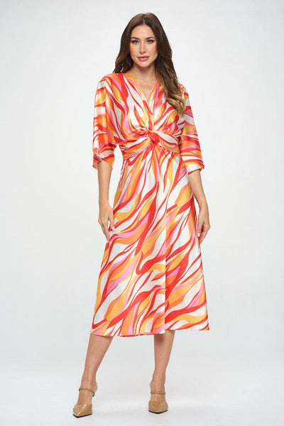 Front Twist Multi Color Print Satin Dress - Pikemla