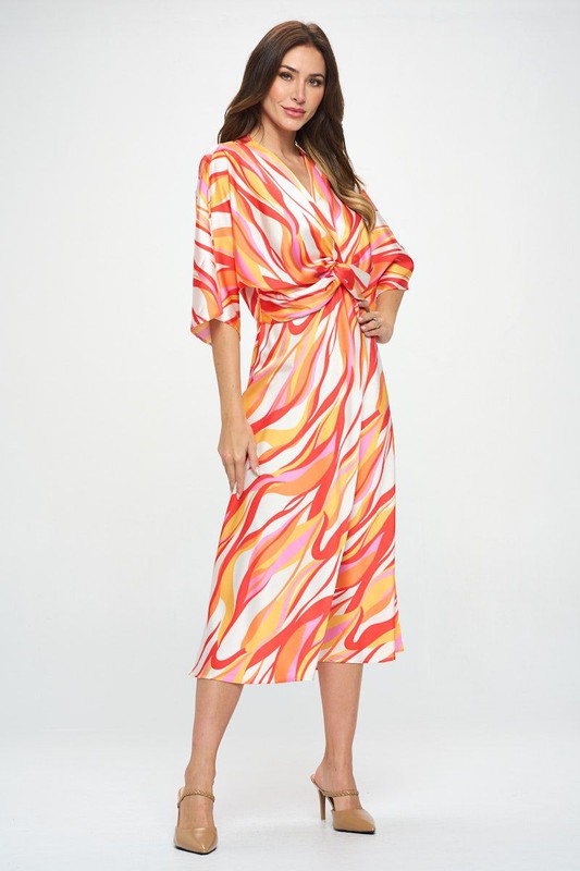 Front Twist Multi Color Print Satin Dress - Pikemla