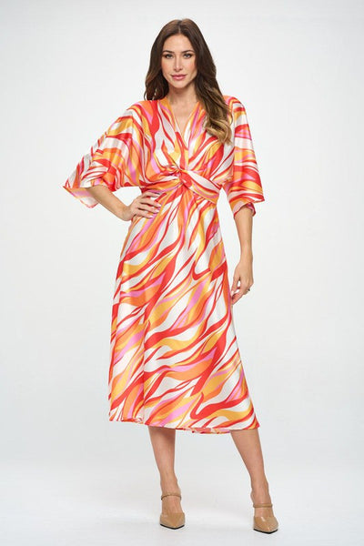 Front Twist Multi Color Print Satin Dress - Pikemla