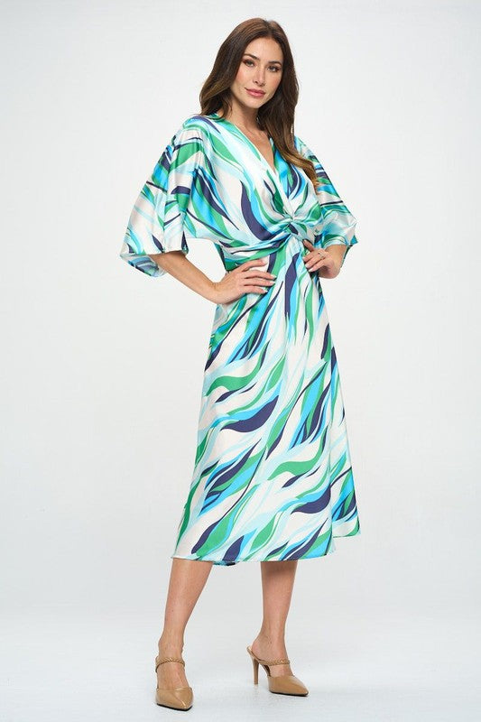 Front Twist Multi Color Print Satin Dress - Pikemla