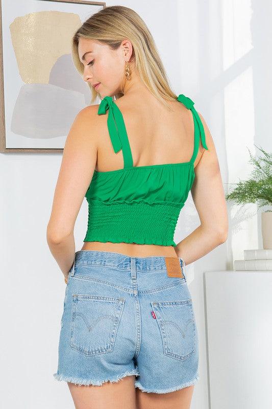 Cut Out Tie Shoulder Smocked Waist Top - Pikemla