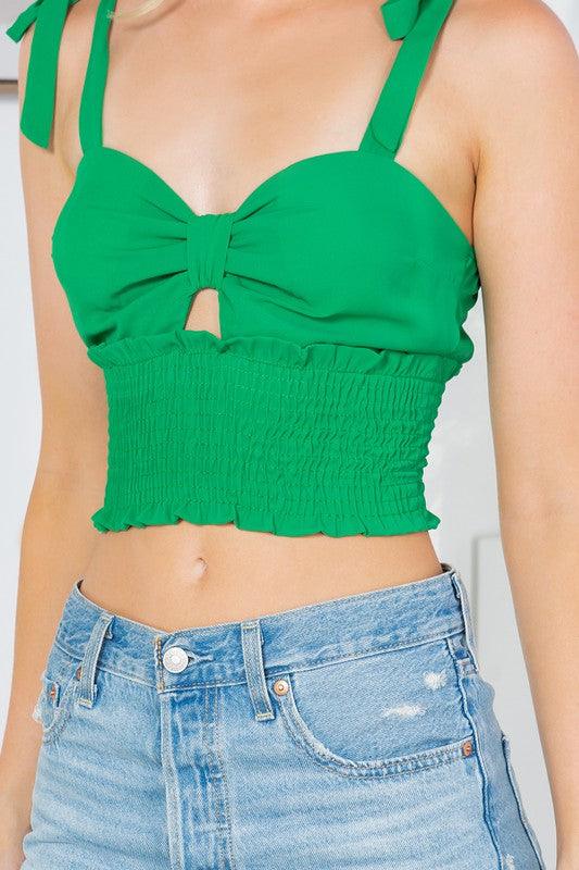 Cut Out Tie Shoulder Smocked Waist Top - Pikemla