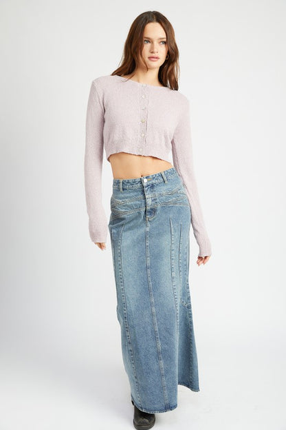 Fluted Denim Maxi Skirt - Pikemla