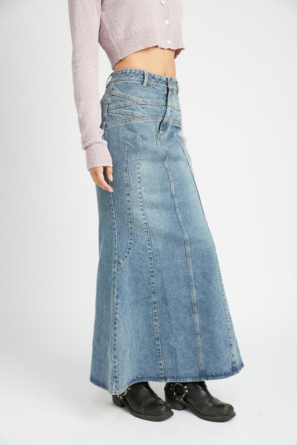 Fluted Denim Maxi Skirt - Pikemla