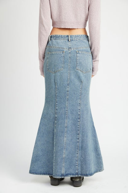 Fluted Denim Maxi Skirt - Pikemla