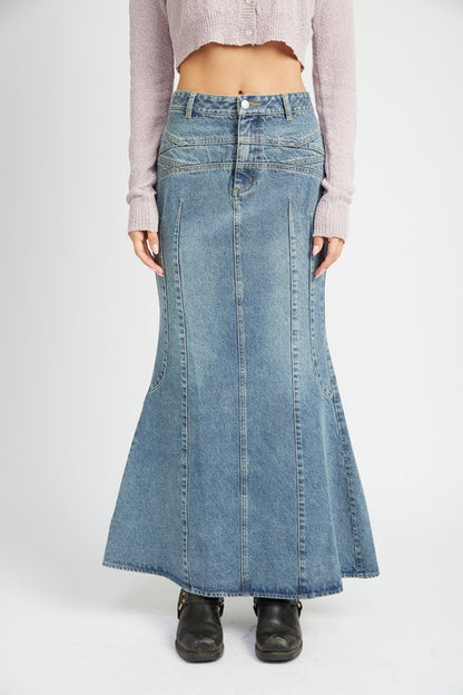 Fluted Denim Maxi Skirt - Pikemla