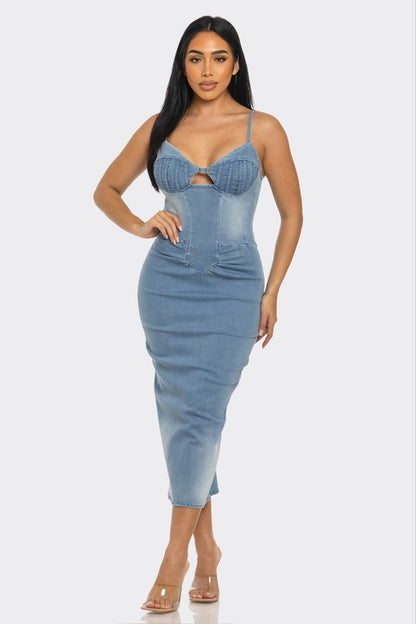 ATHINA CASUAL LIGHT WASHED DENIM MIDI DRESS - Pikemla