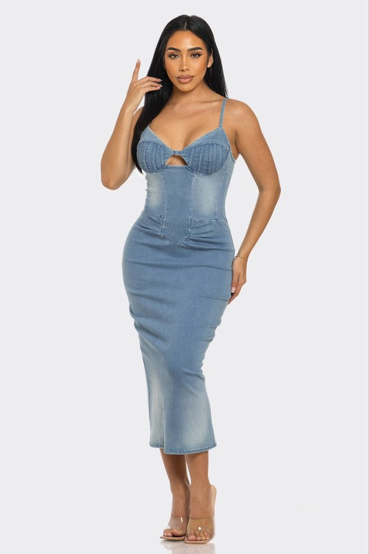 ATHINA CASUAL LIGHT WASHED DENIM MIDI DRESS - Pikemla