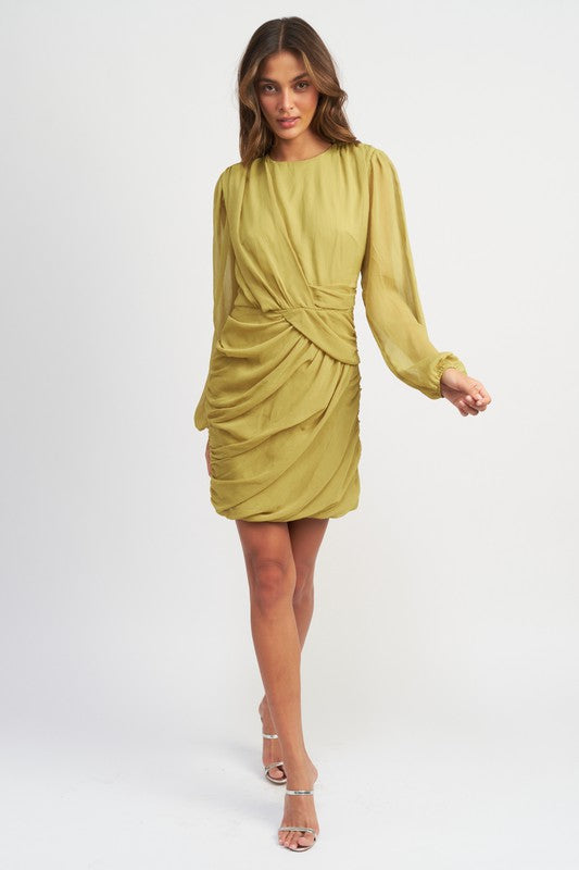 LONG SLEEVE RUCHED MINI DRESS - Pikemla