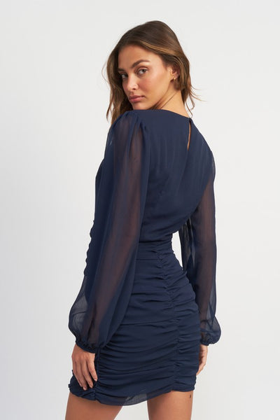 LONG SLEEVE RUCHED MINI DRESS - Pikemla