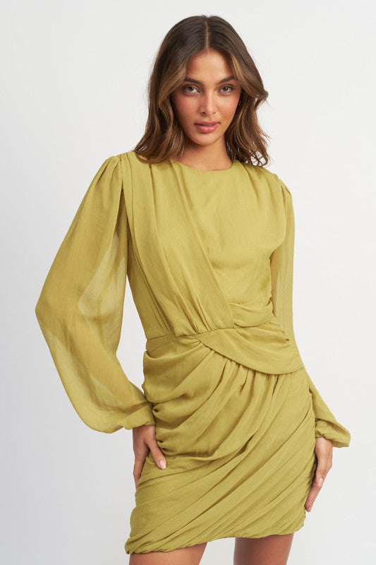 LONG SLEEVE RUCHED MINI DRESS - Pikemla