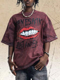 Men's Lip Graphic Washed Round Neck T-Shirt