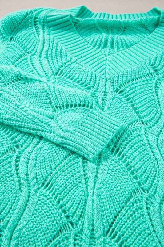 Hollow-Out Knit V-Neck Drop Shoulder Sweater