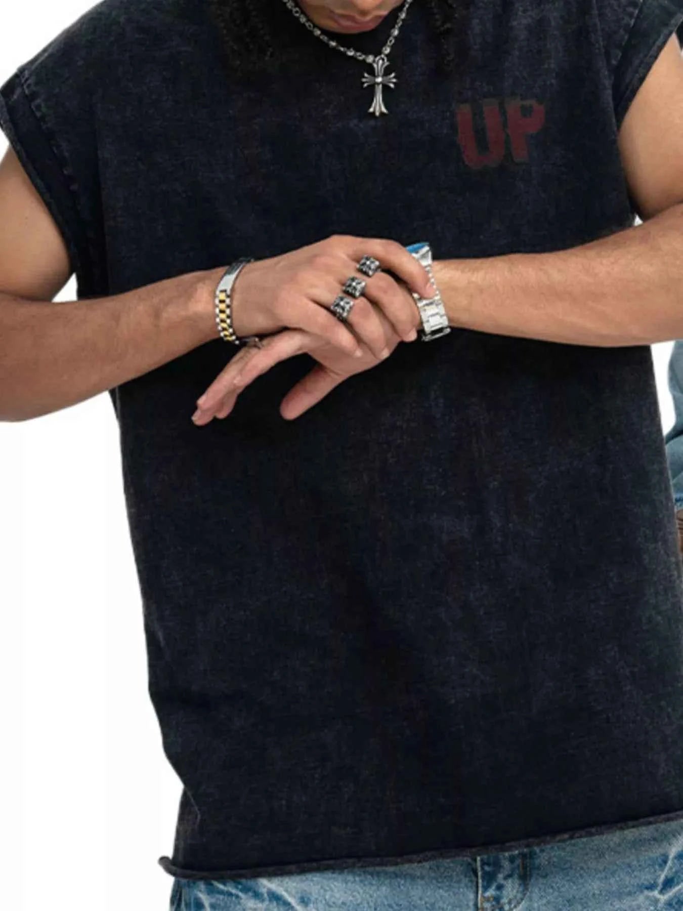 Men's Vintage Washed Tank Top with 'UP' Letter