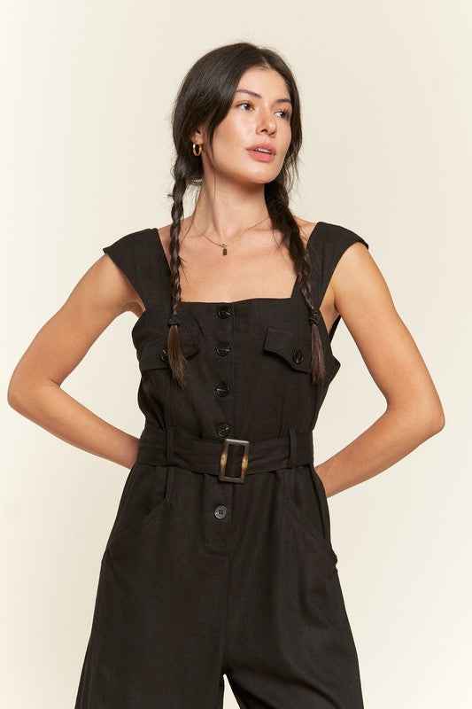SLEEVELESS SQUARE NECK BUTTON ANKLE JUMPSUIT -Plus Sized - Pikemla