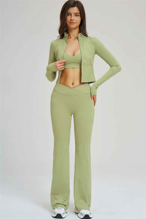 The Sizzle Zip Jacket Sports Bra Flared Leggings 3-Piece Set
