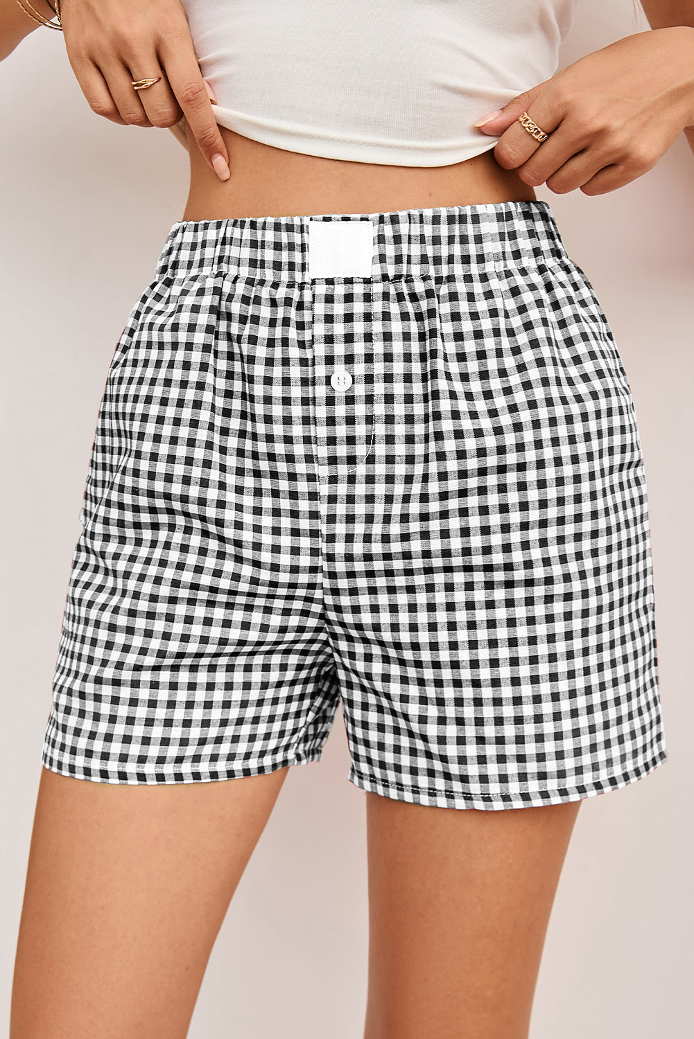 Black Gingham Printed High Waist Shorts - Pikemla