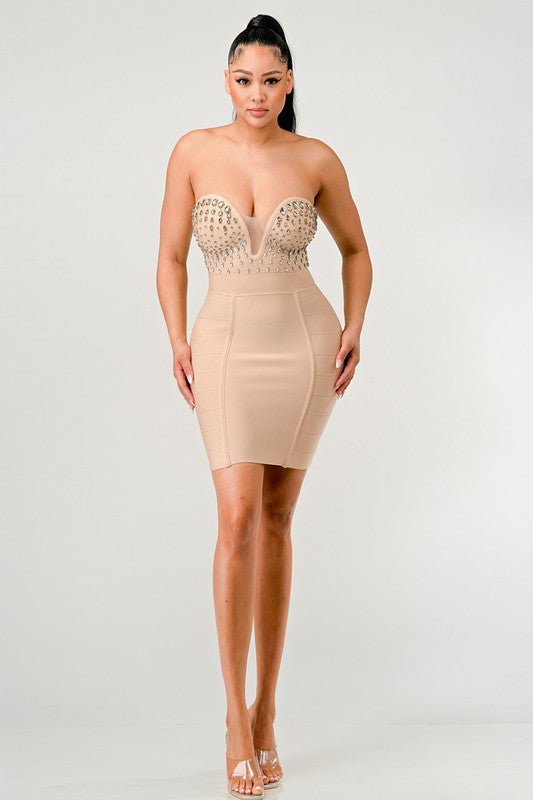 Strapless Embellished Bandage Dress - Pikemla