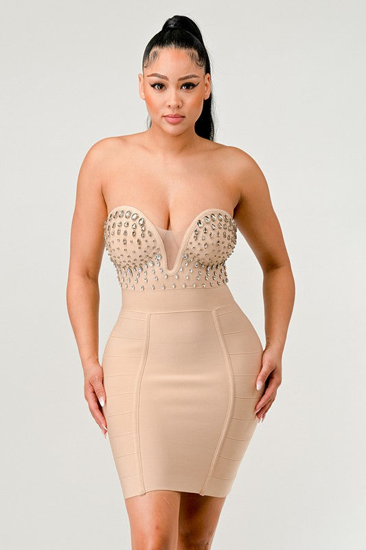 Strapless Embellished Bandage Dress - Pikemla