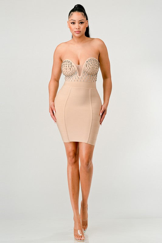 Strapless Embellished Bandage Dress - Pikemla