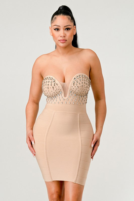 Strapless Embellished Bandage Dress - Pikemla