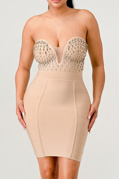 Strapless Embellished Bandage Dress - Pikemla