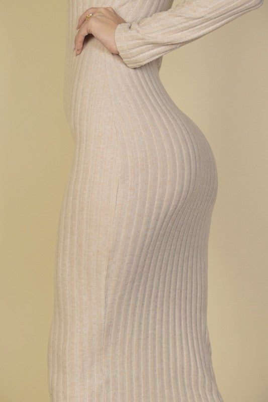 Sweater-Knit Fuzzy V Neck Bodycon Dress - Pikemla