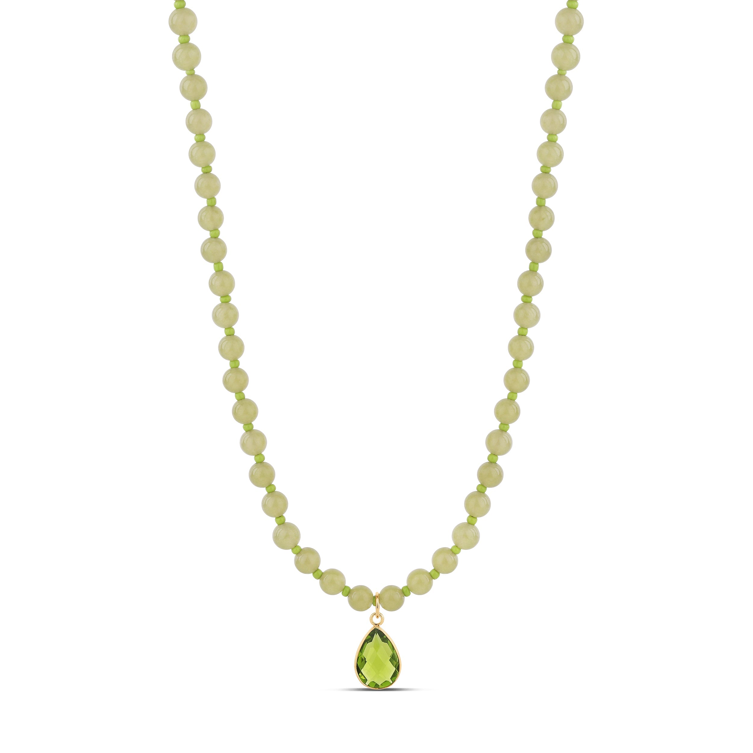 Lime Jade Bead Necklace with Green Teardrop Pendant