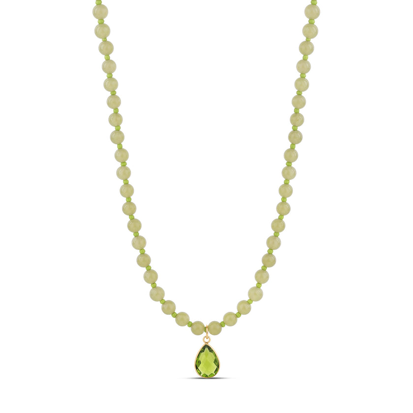 Lime Jade Bead Necklace with Green Teardrop Pendant