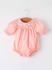 Girls Horse Smocking Embroidered Coral Romper