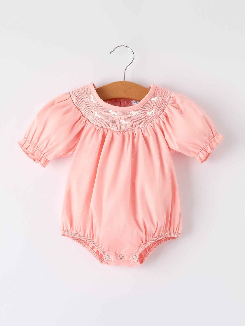 Girls Horse Smocking Embroidered Coral Romper