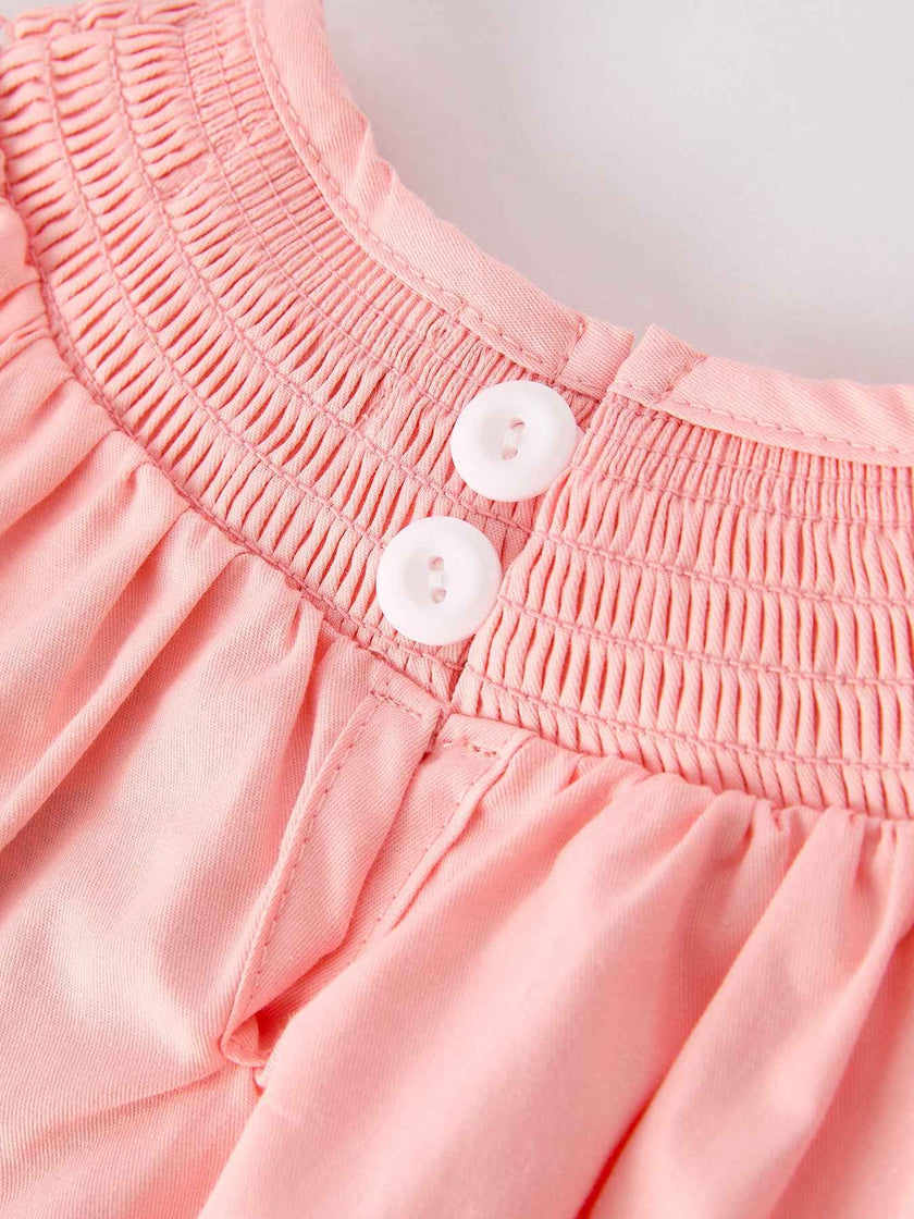 Girls Horse Smocking Embroidered Coral Romper