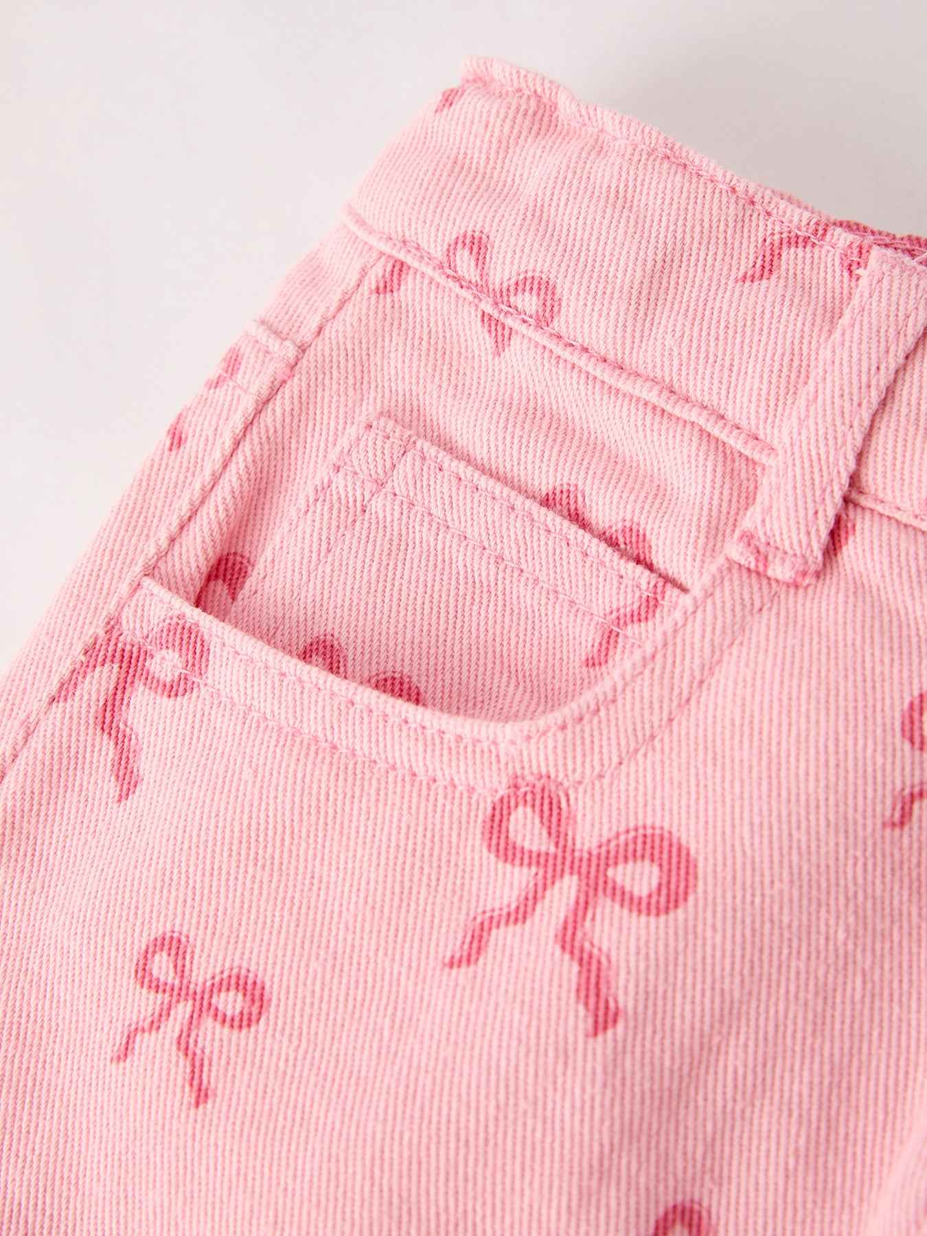 Girls Set Letter T-shirt + Pink Bow Printed Denim Skirt