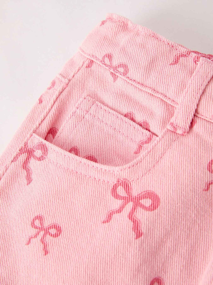 Girls Set Letter T-shirt + Pink Bow Printed Denim Skirt