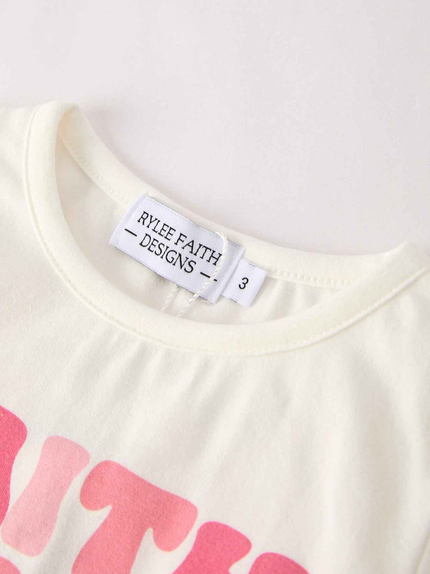 Girls Set Letter T-shirt + Pink Bow Printed Denim Skirt