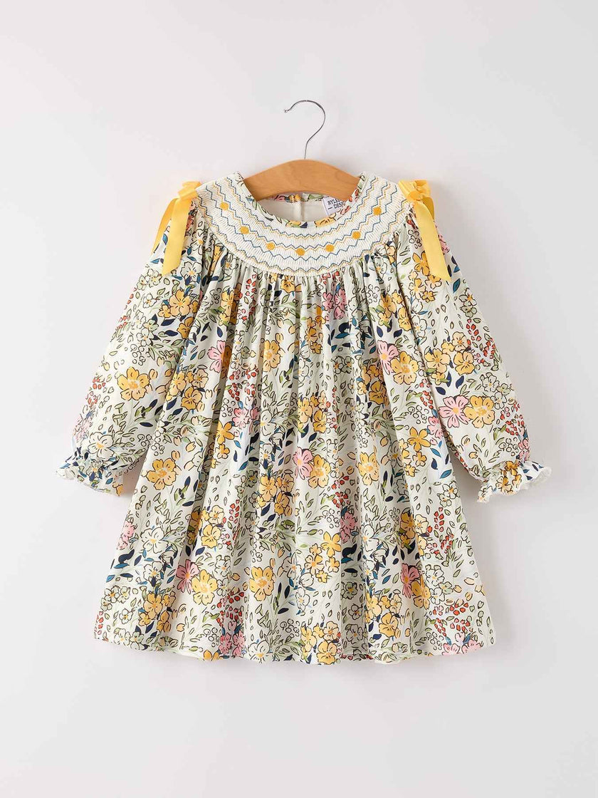 Fall  Embroidery Smocking Bow Floral Leaf Baby Girls Dress