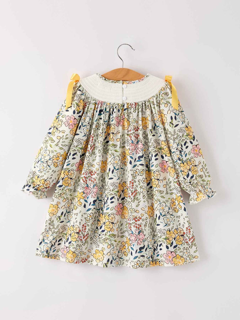 Fall  Embroidery Smocking Bow Floral Leaf Baby Girls Dress