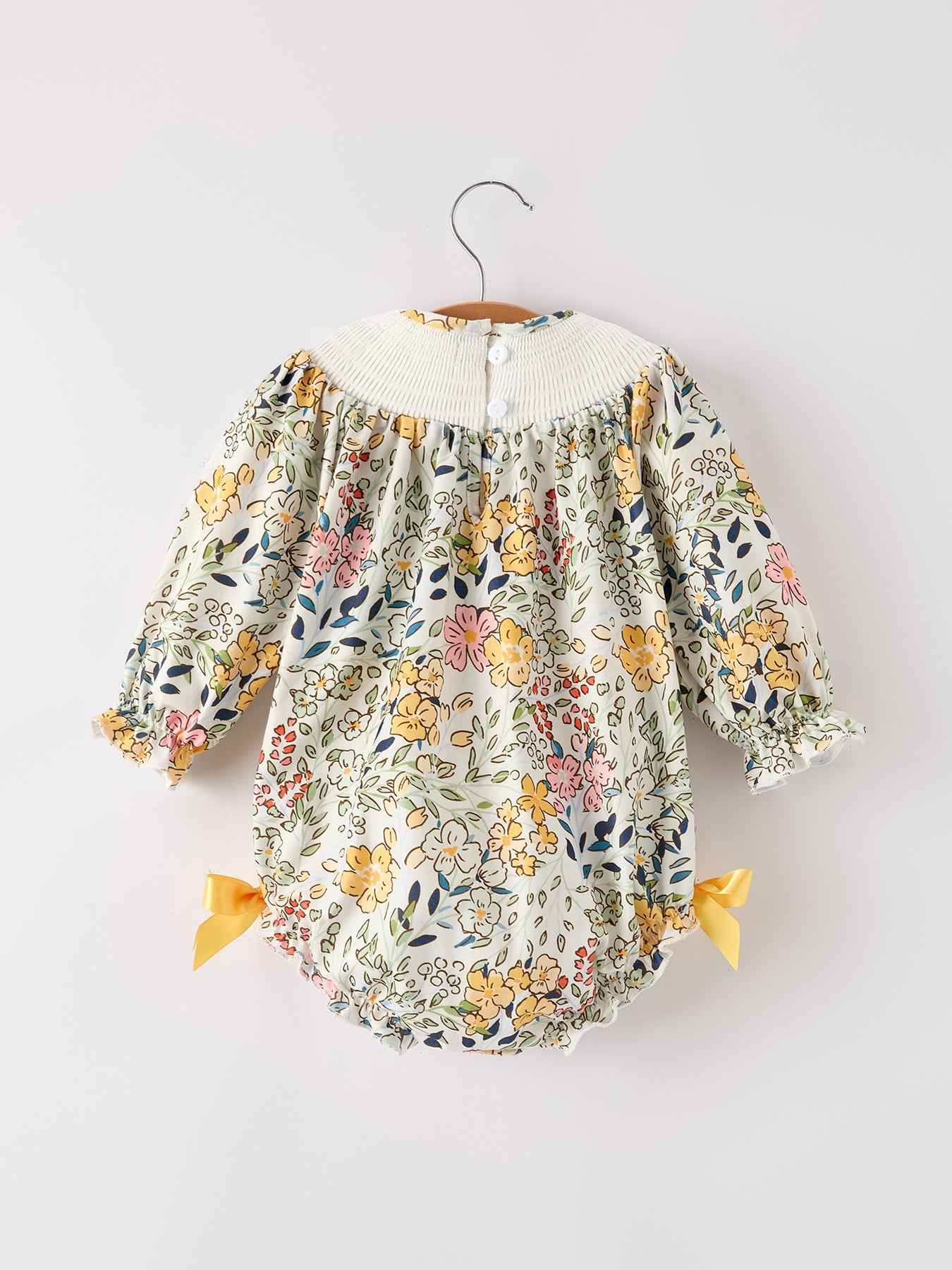 Fall  Embroidery Smocking Bow Floral Leaf Baby Girls Romper