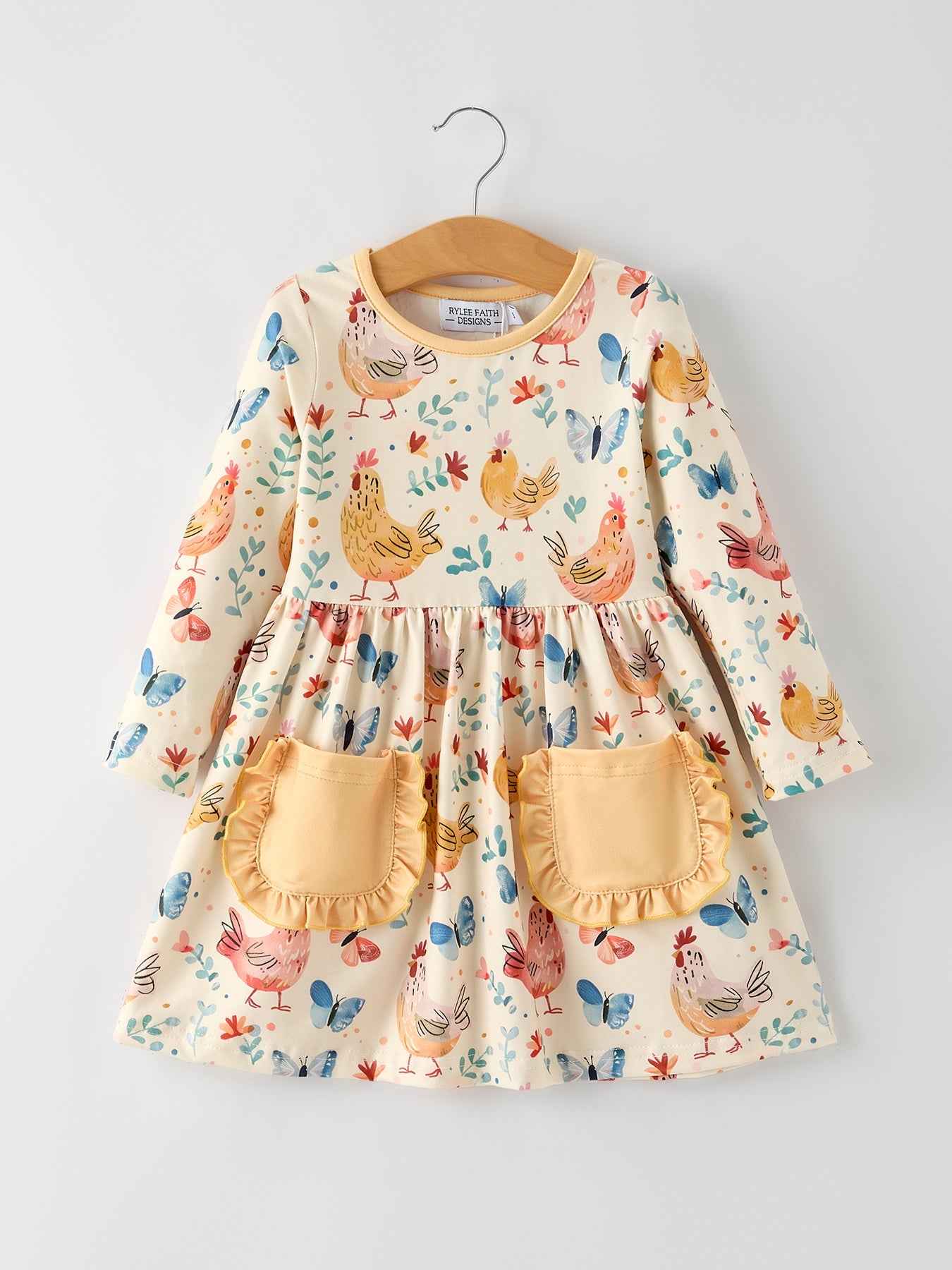 Charming Chicken & Butterfly Girls Dress with Cute Ruffled Pockets