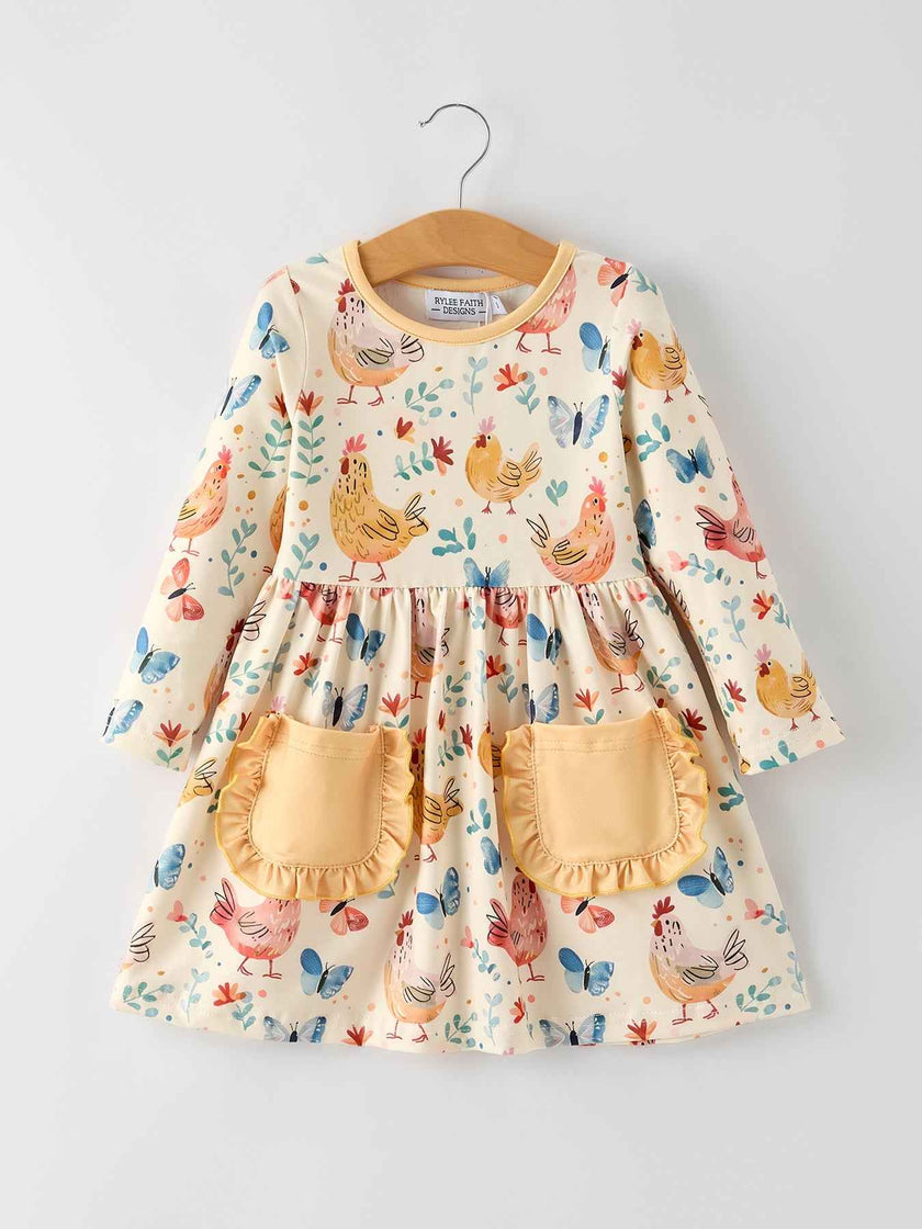 Charming Chicken & Butterfly Girls Dress with Cute Ruffled Pockets