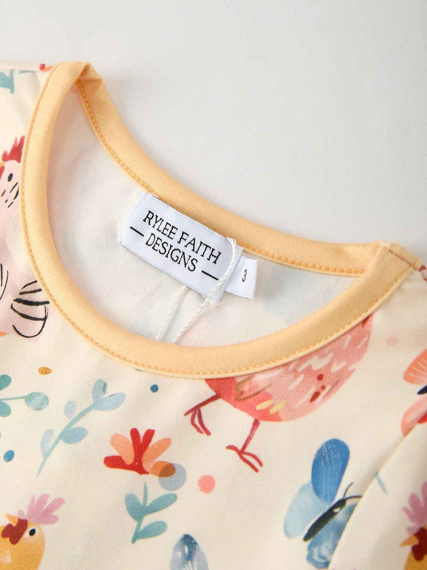 Charming Chicken & Butterfly Girls Dress with Cute Ruffled Pockets