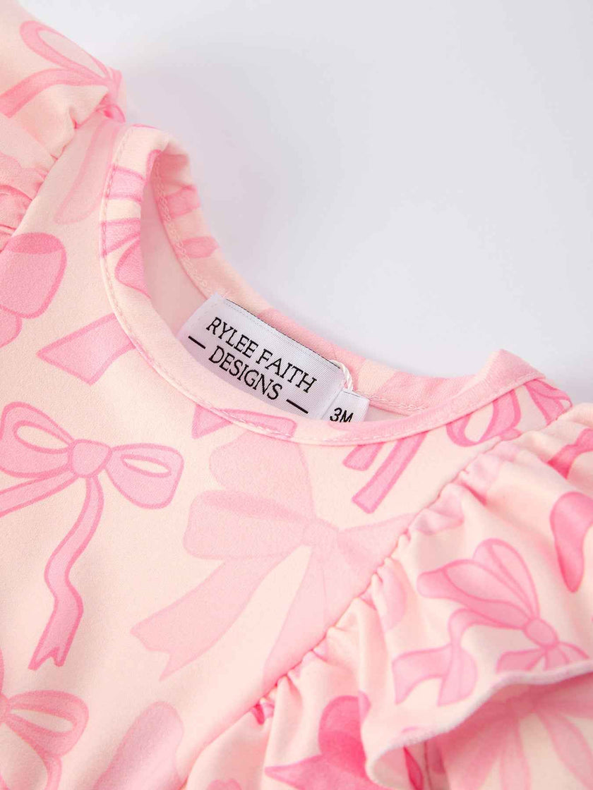 Girls Pink Bow Print Long Sleeves Romper