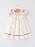Fall White Girls Dress with Pink Bow Embroidery