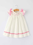 Fall White Girls Dress with Pink Bow Embroidery