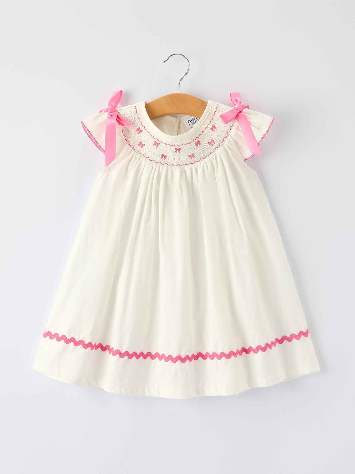Fall White Girls Dress with Pink Bow Embroidery