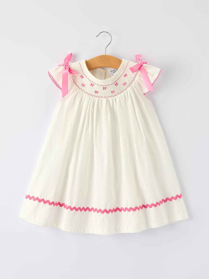 Fall White Girls Dress with Pink Bow Embroidery