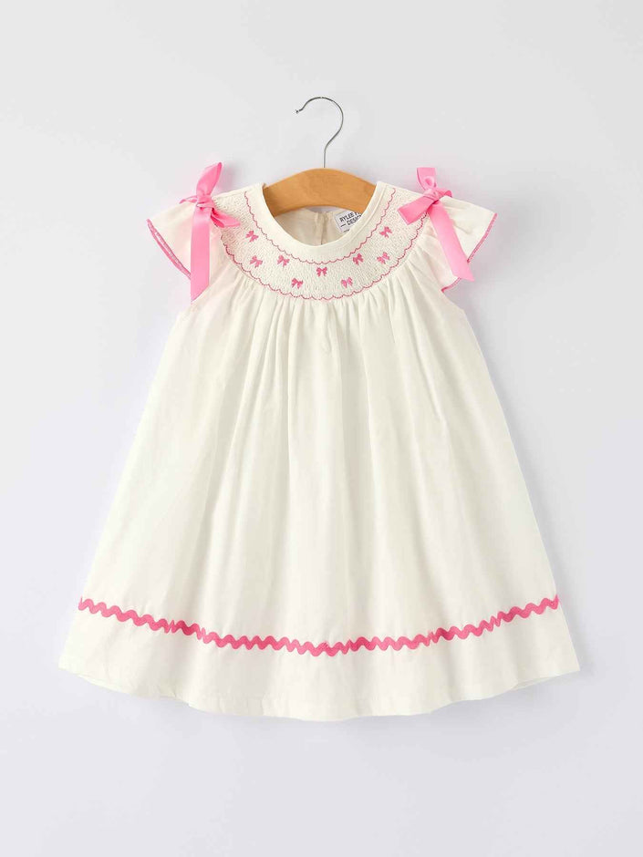 Fall White Girls Dress with Pink Bow Embroidery