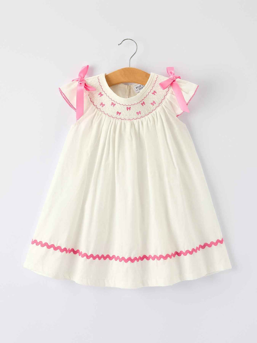 Fall White Girls Dress with Pink Bow Embroidery