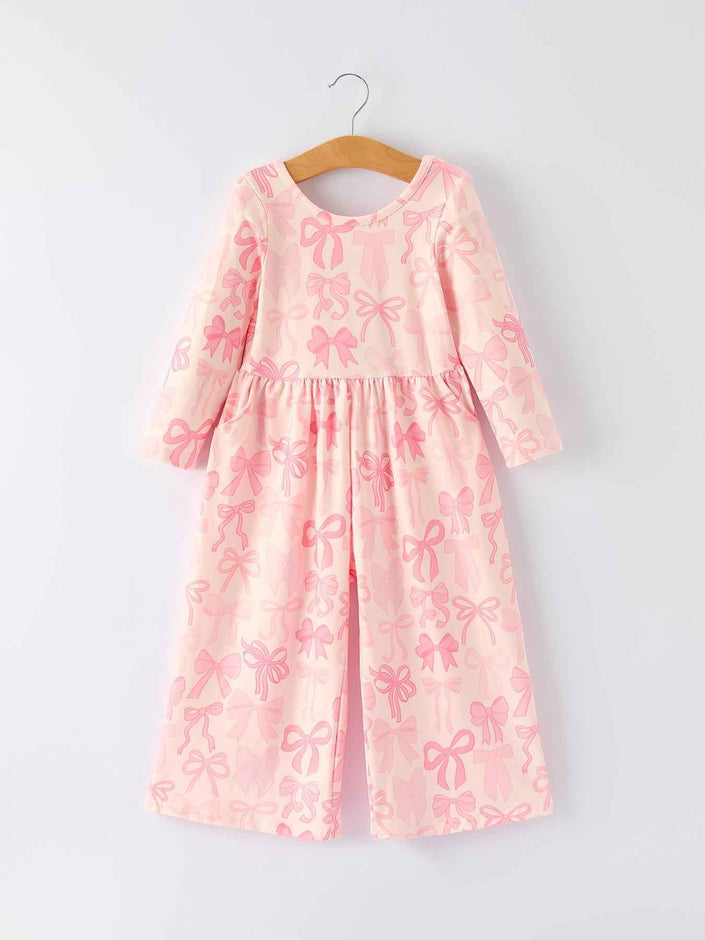 Girls Pink Bow Print Long Sleeve Jumpsuit
