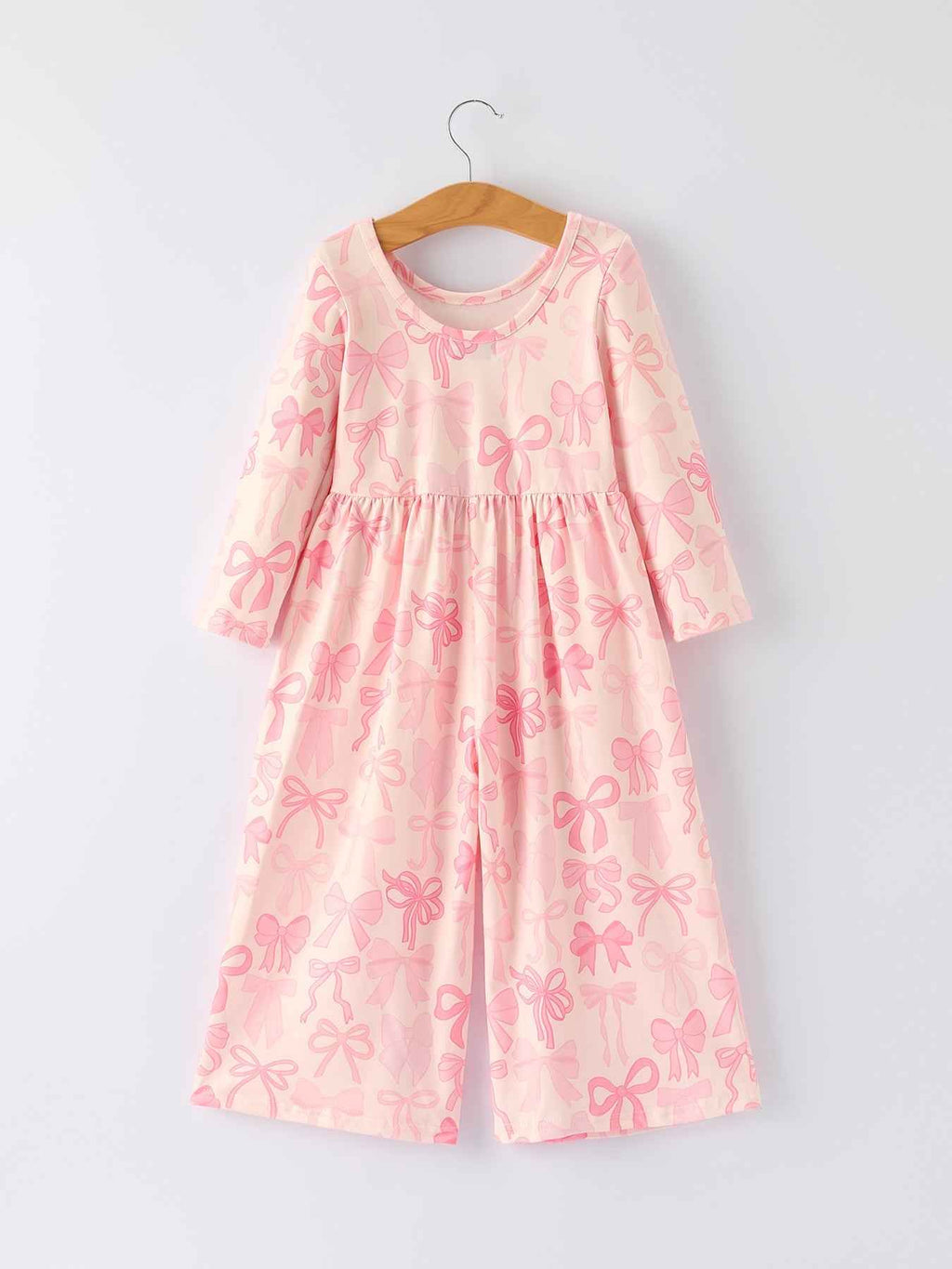 Girls Pink Bow Print Long Sleeve Jumpsuit